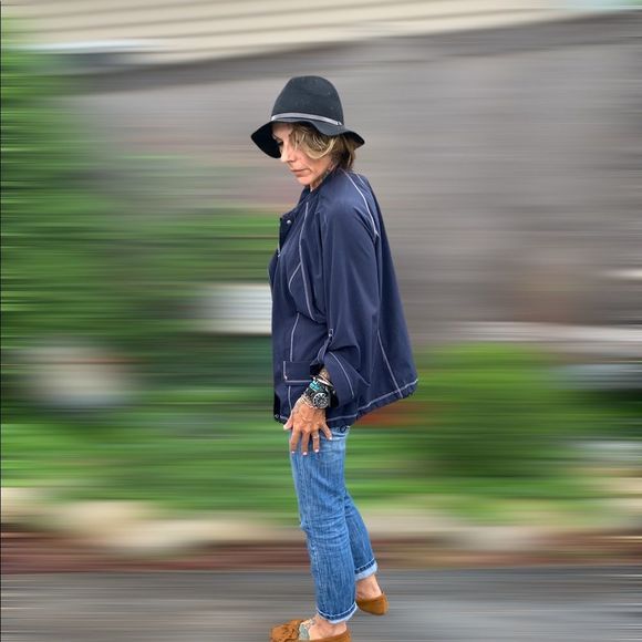 Navy blue & white chain stitch sailor style oversized crop sleeve summer jacket - Picture 3 of 12